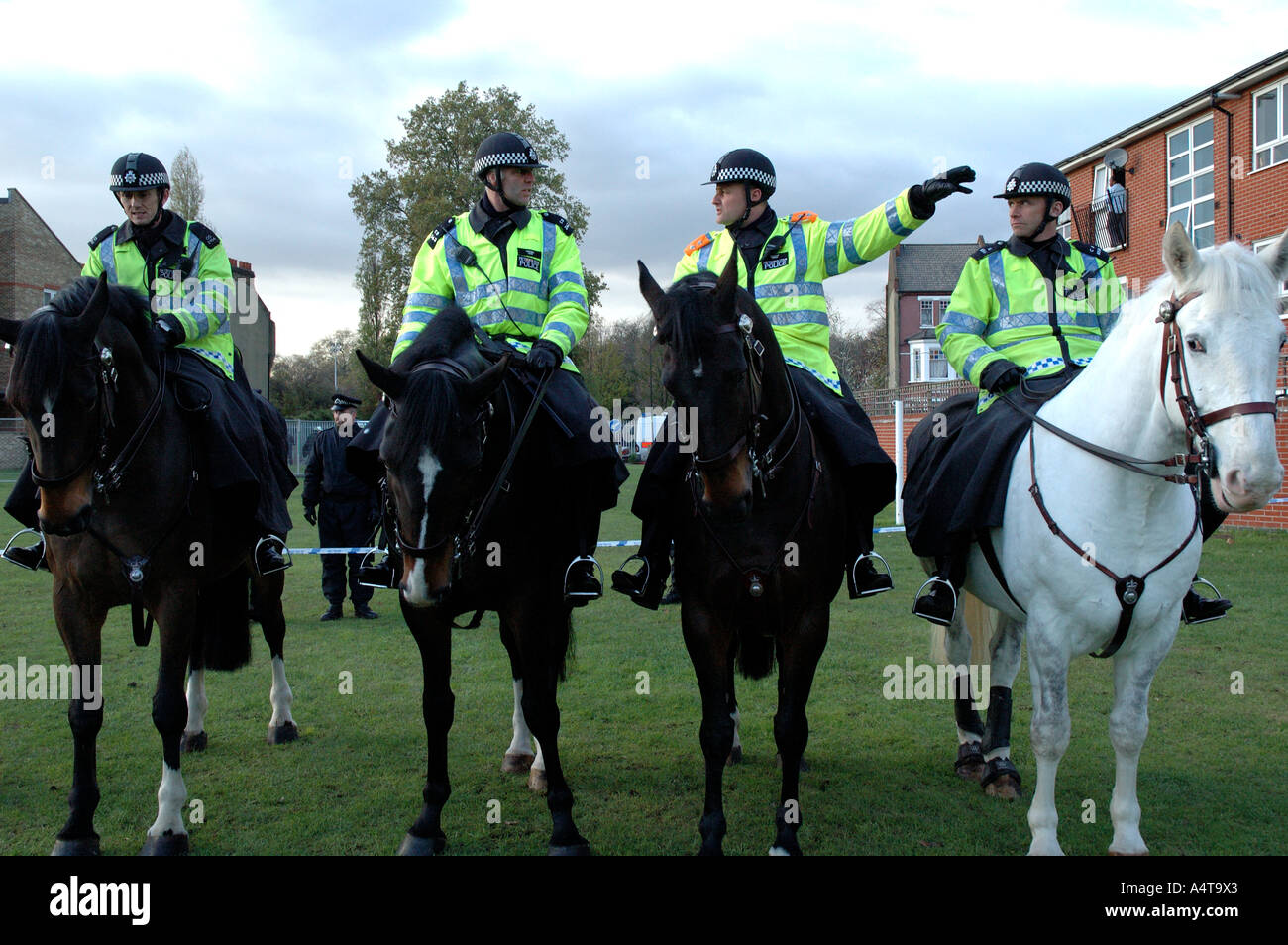 Line of mounted police surrounding the eviction site at St Agnes Place Kennington South London. Stock Photo