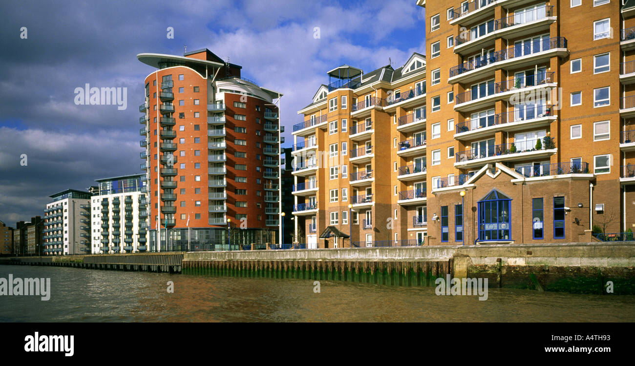 View of modern apartment buildings on the River Thames in the London