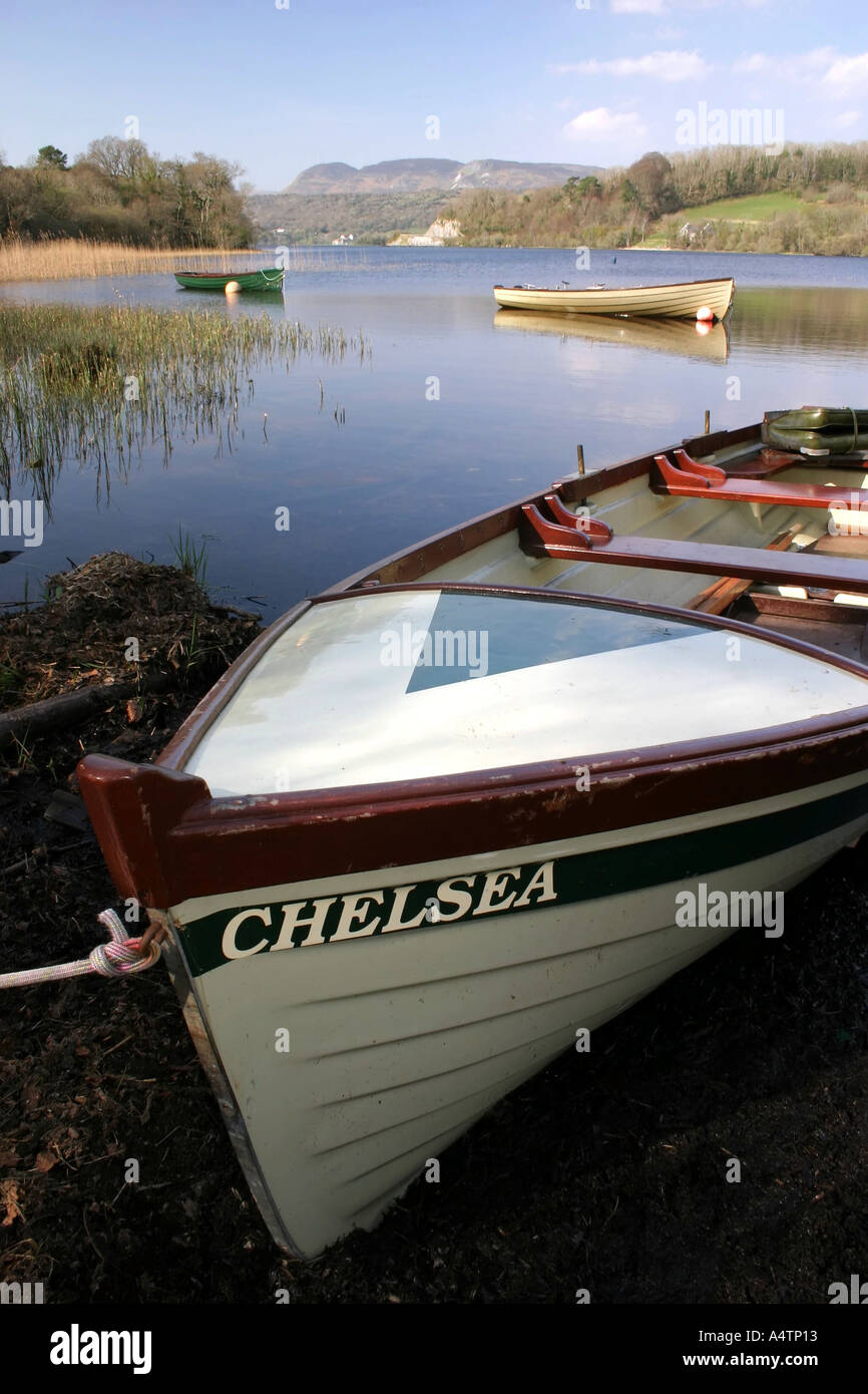 boats moored on the shore of Lough Gill, County Leitrim, Ireland Stock Photo