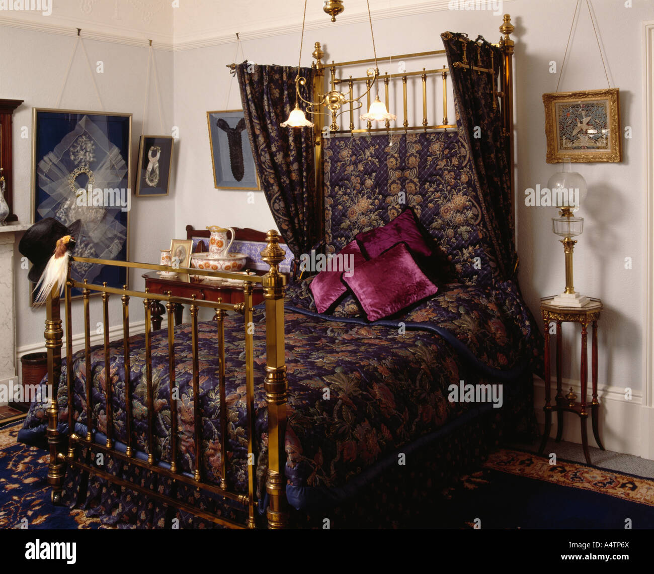 Victorian Half Tester Brass Bed With Dark Blue Patterned