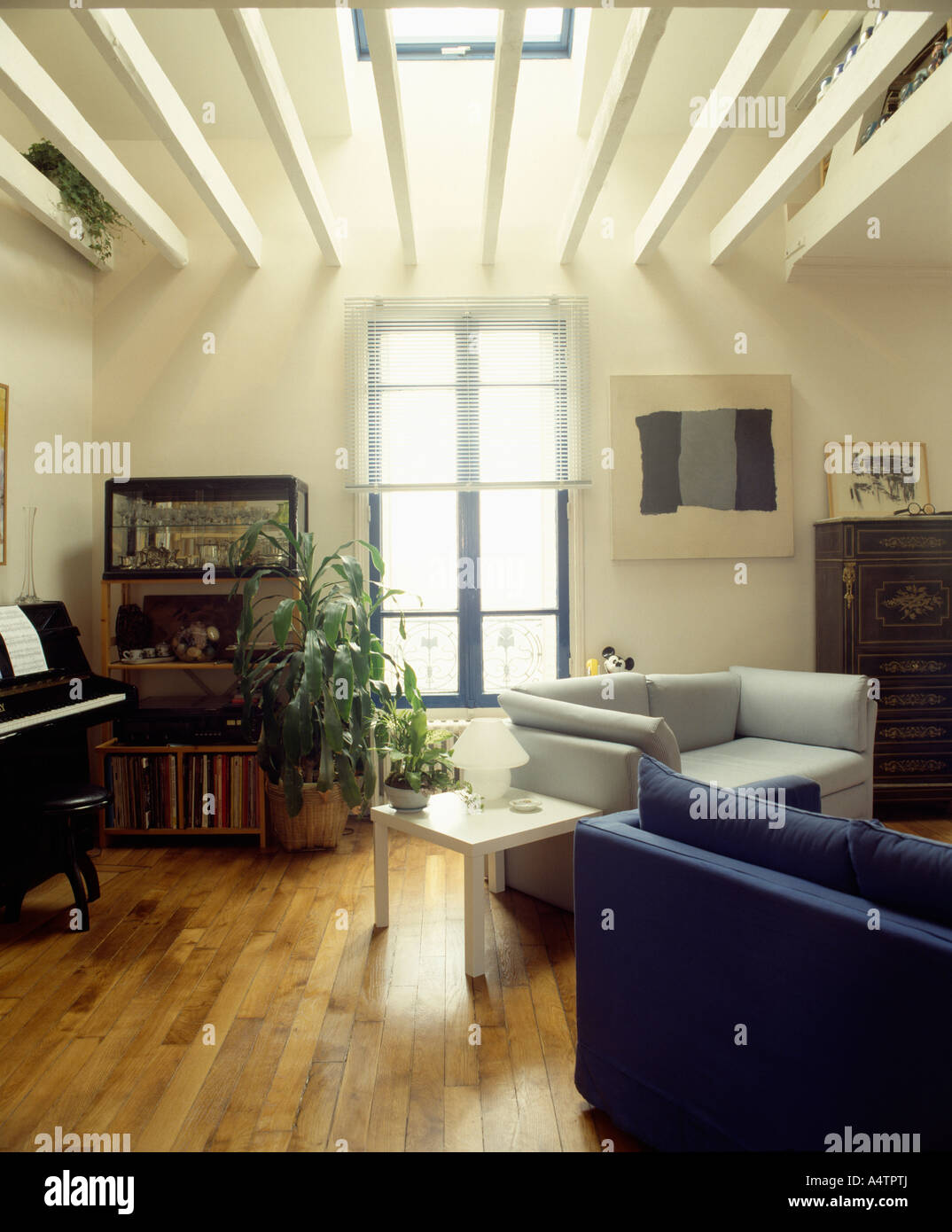 White Sittingroom With Modern Furniture And Exposed Rafters And