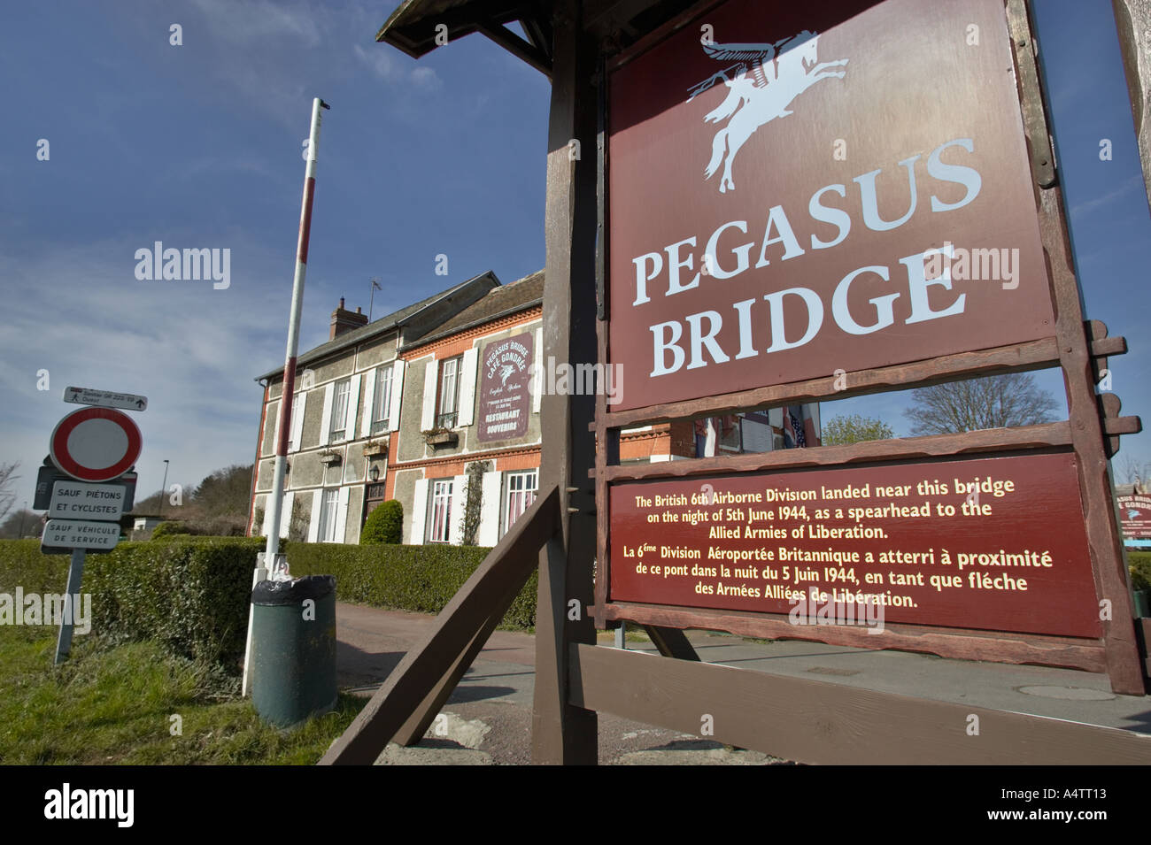 Sign board and Cafe Gondree at Pegasus Bridge Normandy France Stock Photo