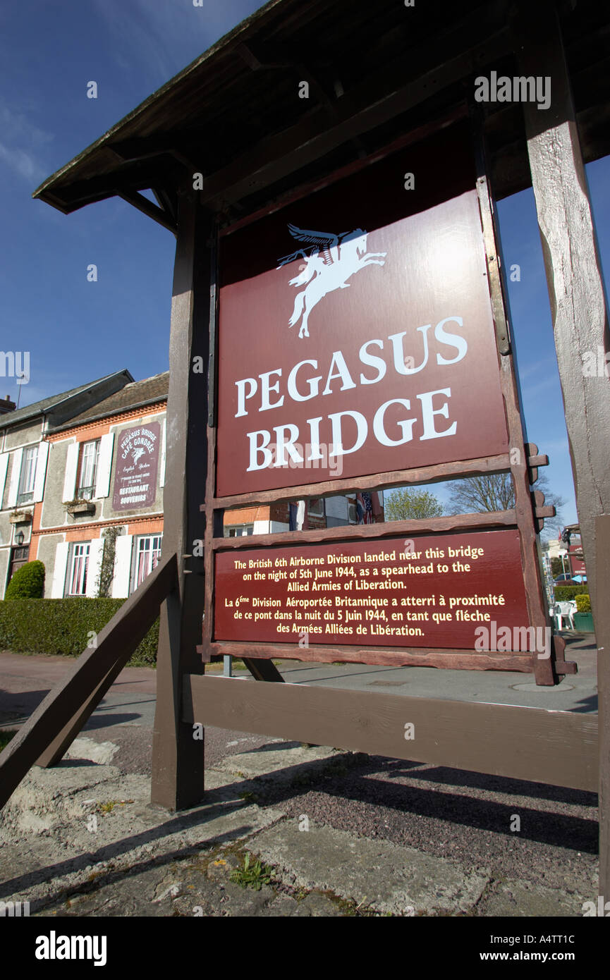 Sign board and Cafe Gondree at Pegasus Bridge Normandy France Stock Photo