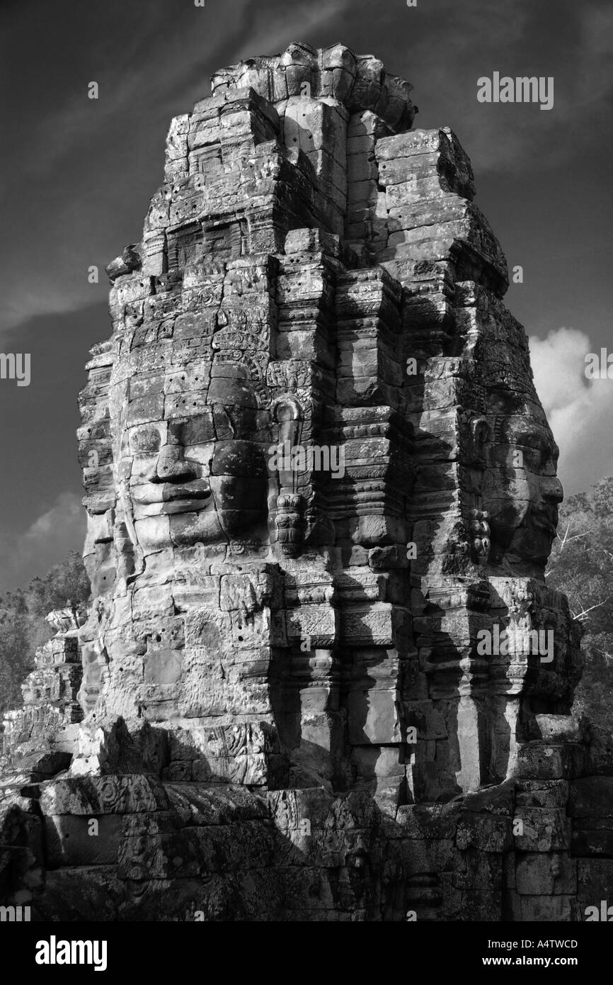 The faces of Bayon Temple Angkor Thom Cambodia 15 bw Stock Photo