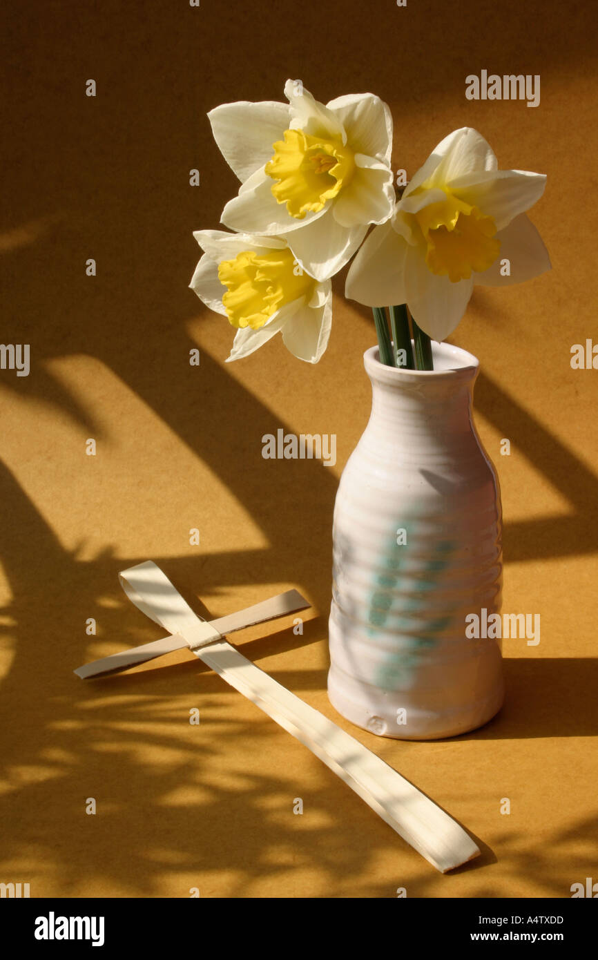 Daffodils and Palm Cross at Easter Stock Photo