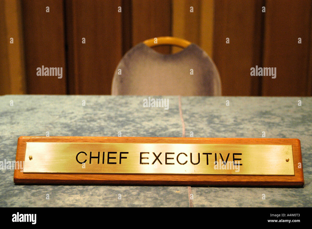 Chief Executive title plate and empty seat at company England, UK Stock Photo