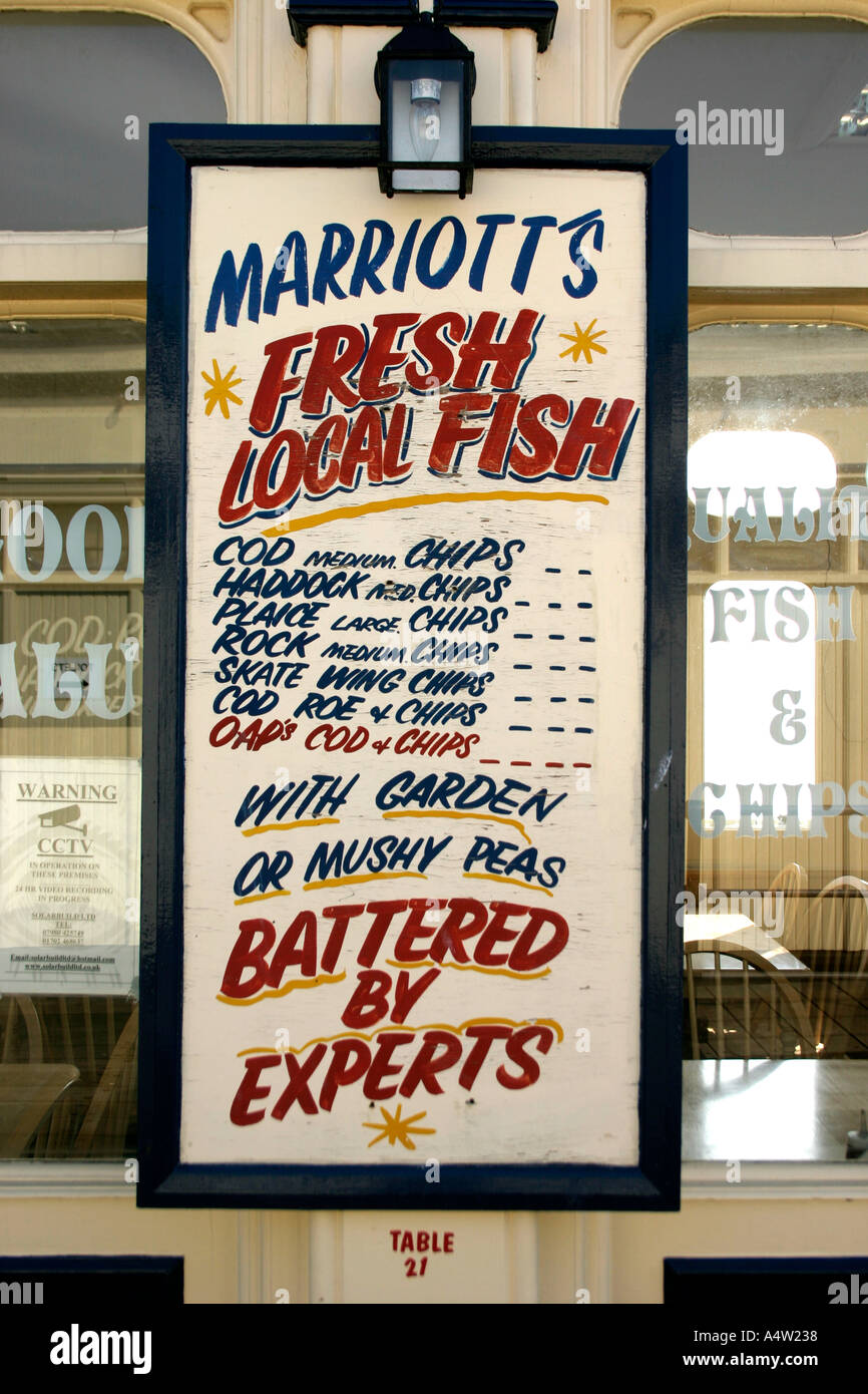 Cafe Sign advertising Fish and Chips Southend Pier Essex England Stock Photo