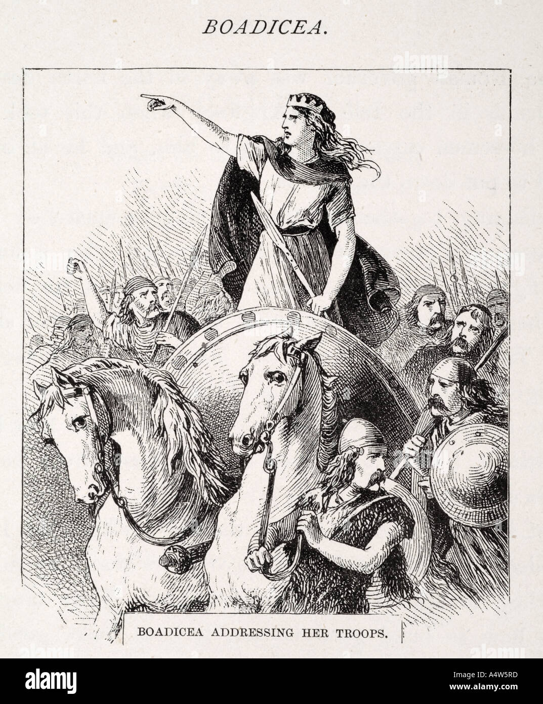 Boadicea  Boudicca Queen Iceni British Briton fight Rome Roman invader event horse chariot soldier lead point war rebel crown ri Stock Photo