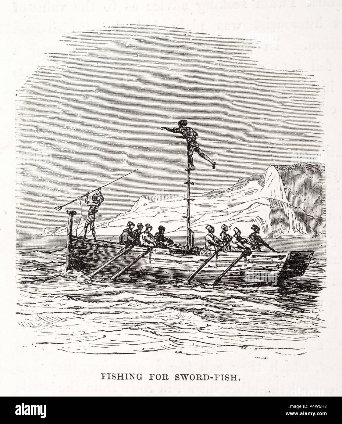 fishing sword fish catch spear trident harpoon row oar boat waves sea