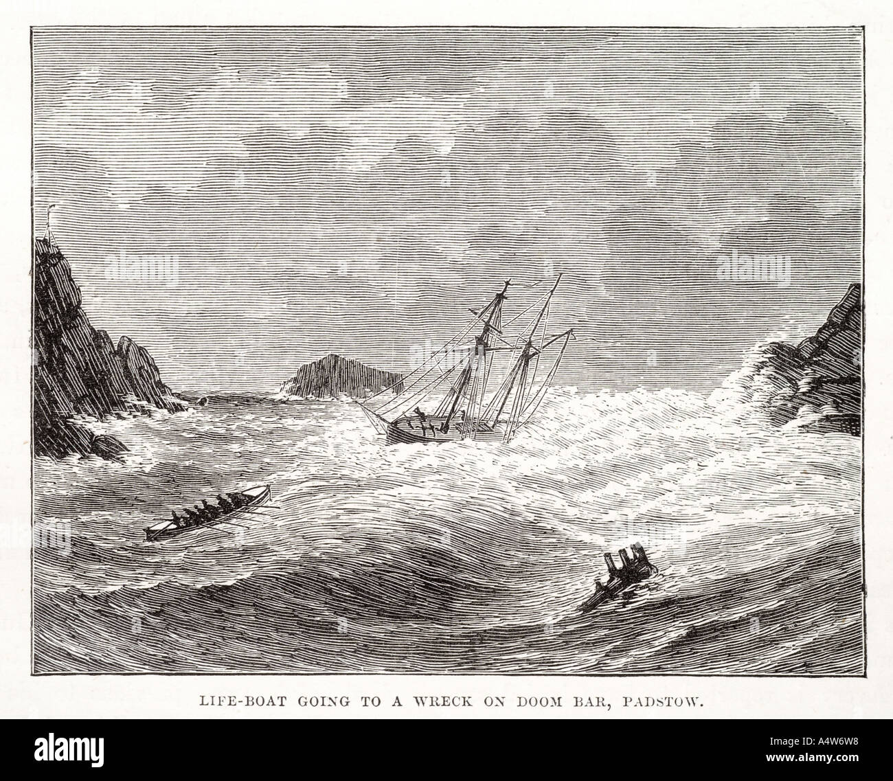 life boat going wreck doom bar padstow storm rescue brave sea coast peril lost wave cliff rock wave wind water sail ship list ro Stock Photo