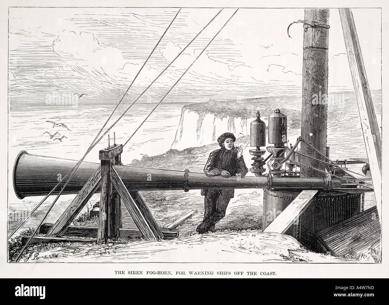 siren fog horn warn ship coast loud sound hoot trumpet steam Stock