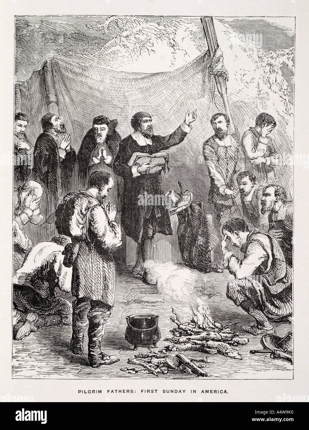 pilgrim father first Sunday America mayflower settlers 1620 Plymouth event USA priest men women children founders first pray tha Stock Photo