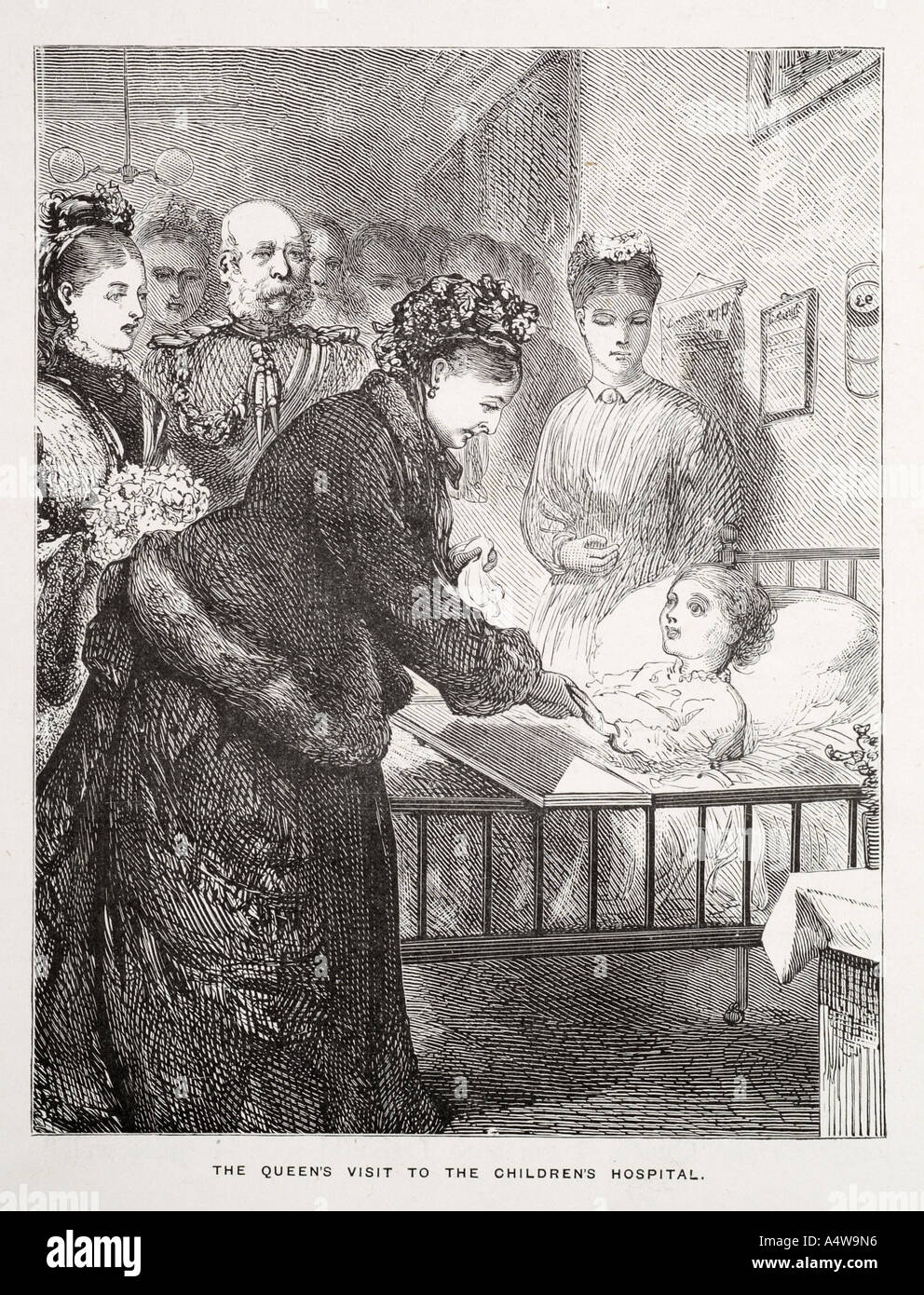 queen Victoria visit children hospital sick bed cot child ladies waiting doctor ill poorly charity recover health treat ward int Stock Photo