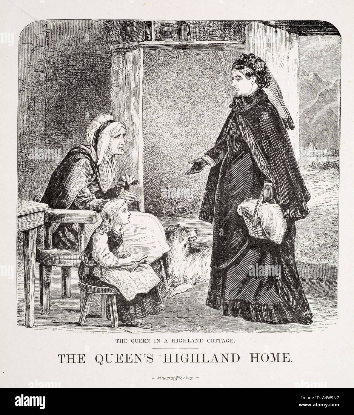 queen Victoria visit highland cottage  commoner sat work talk stand royal monarch child bonnet dog servant talk simple plain gir Stock Photo