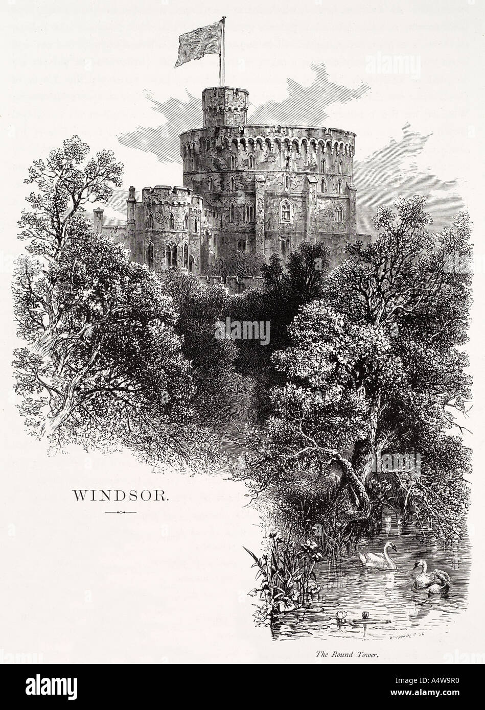 windsor castle round tower architecture Travel park tourism royal home portrait flag  England UK United Kingdom GB Great Britain Stock Photo