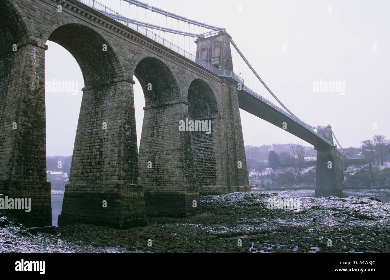 Menai Bridge in the snow Anglesey Stock Photo Alamy