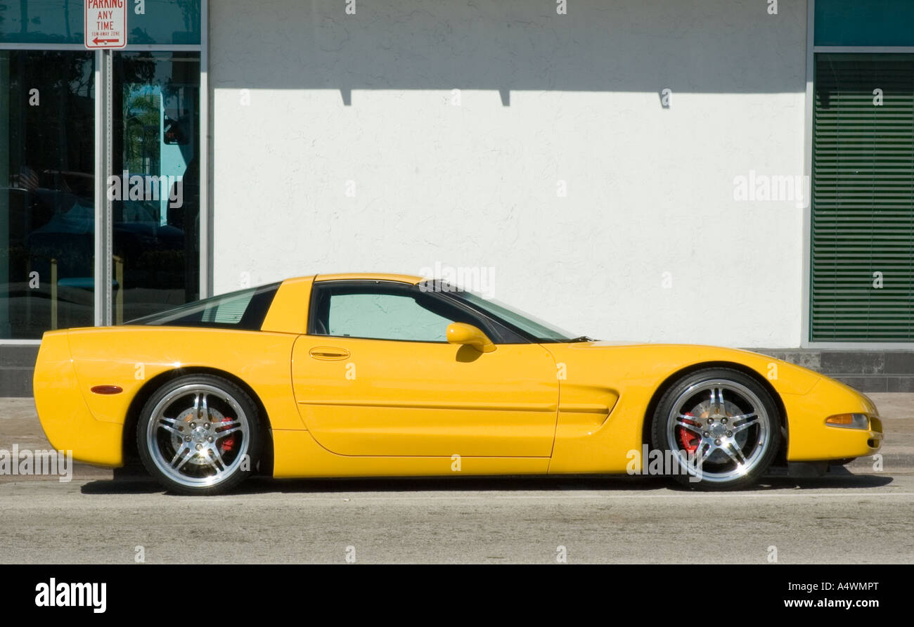 Yellow Corvette parked in Little Havana Miami Florida Stock Photo