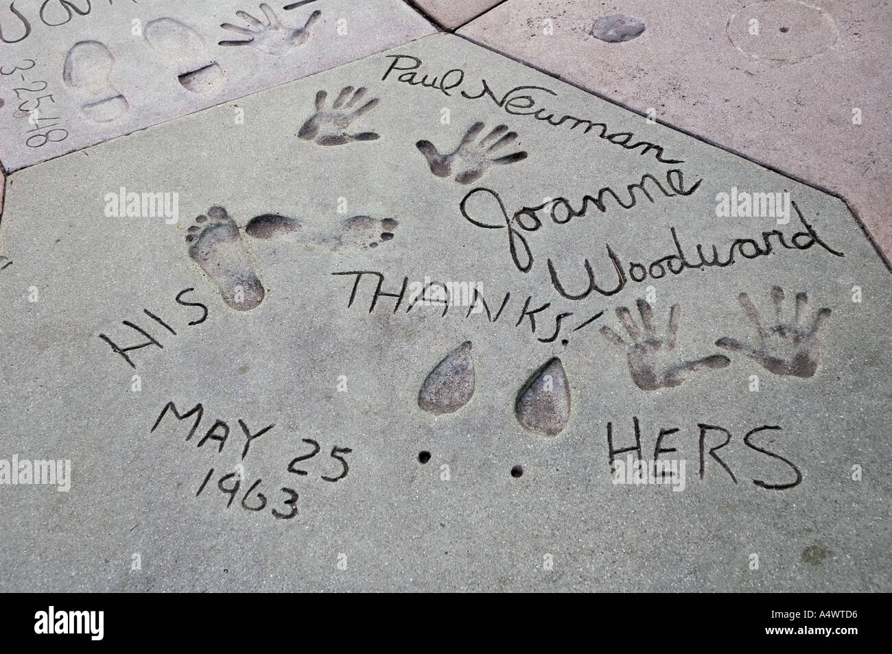 Foot and palm prints of husband & wife movie stars, Joanne Woodward and Paul Newman at Hollywood Boulevard Stock Photo