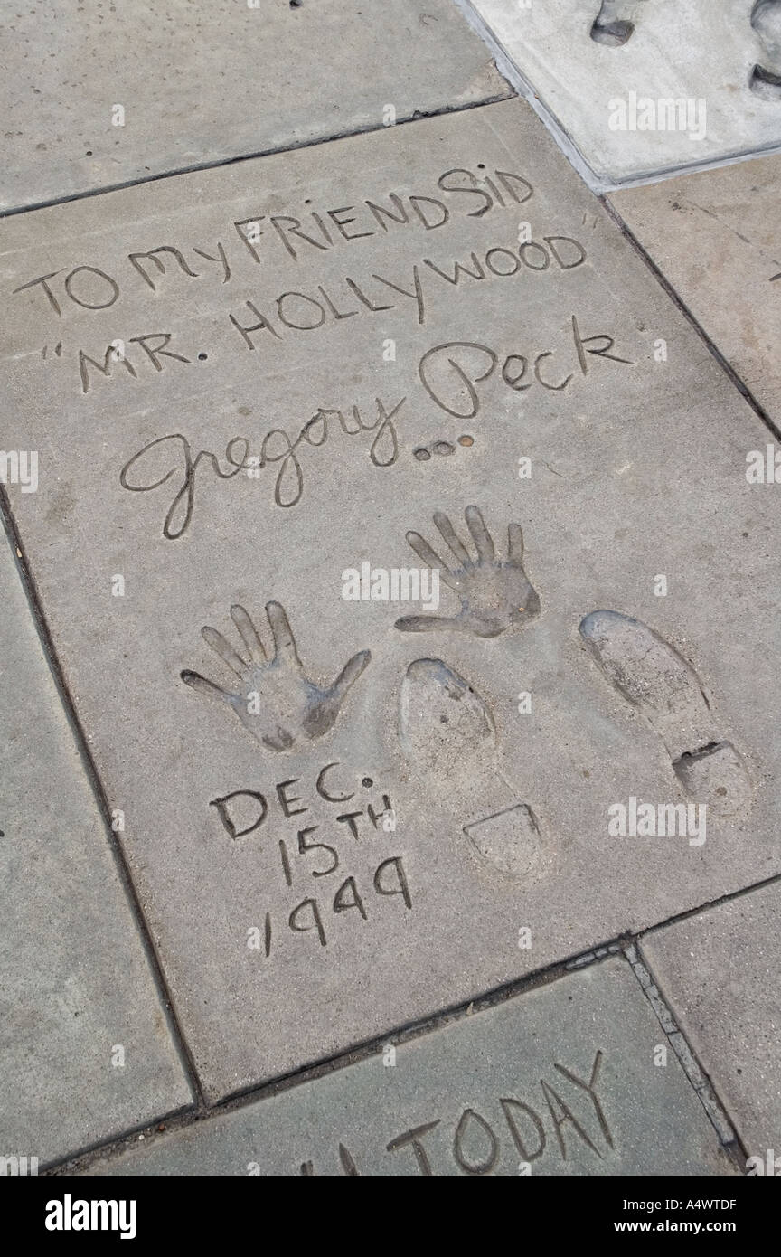 Gregory Peck s hand and foot prints ant Mann s Chinese Theatre Hollywood Boulevard Los Angeles California USA Stock Photo
