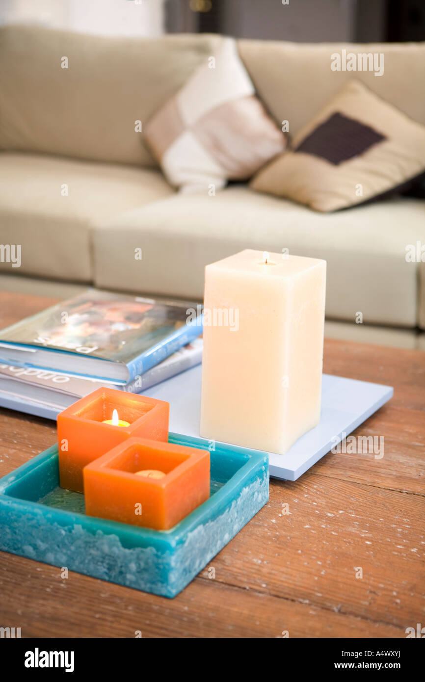 Lit Candles On Coffee Table Stock Photo Alamy