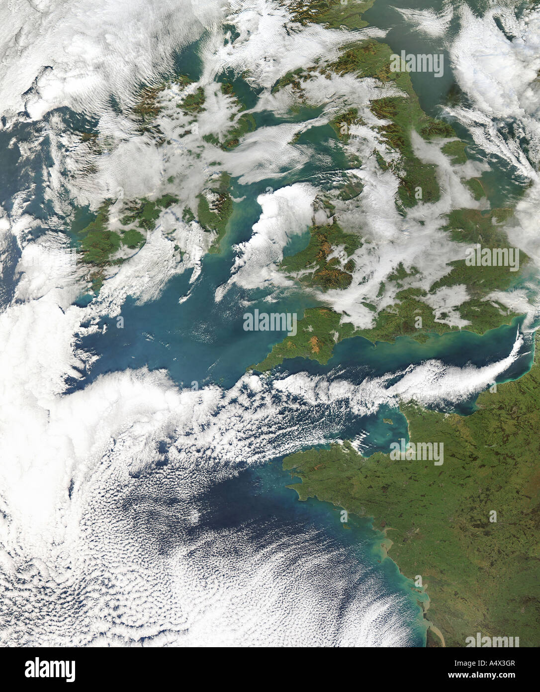 The United Kingdom Ireland and Northern France with cloud formations Optimised version of a Landsat satellite image Stock Photo