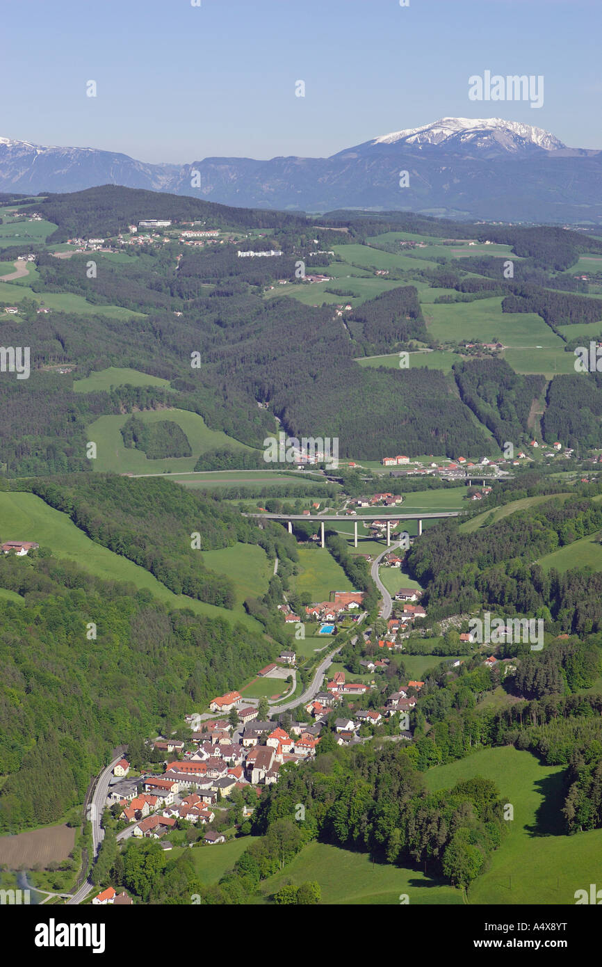 Village of Edlitz and the South highway, aerial shot, Lower Austria, Austria Stock Photo