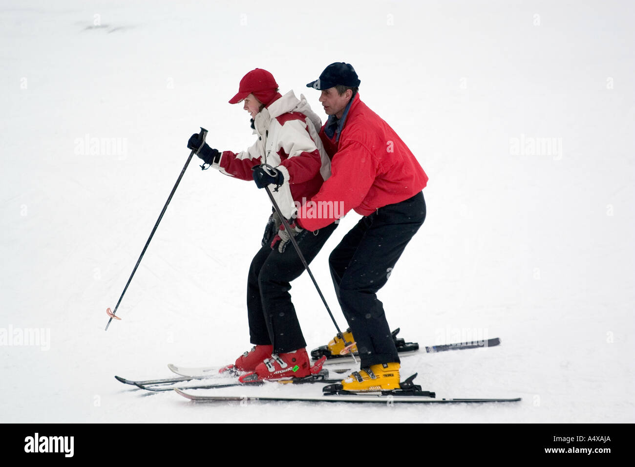 Ski lessons at a mountain railway in Kiev, Ukraine Stock Photo