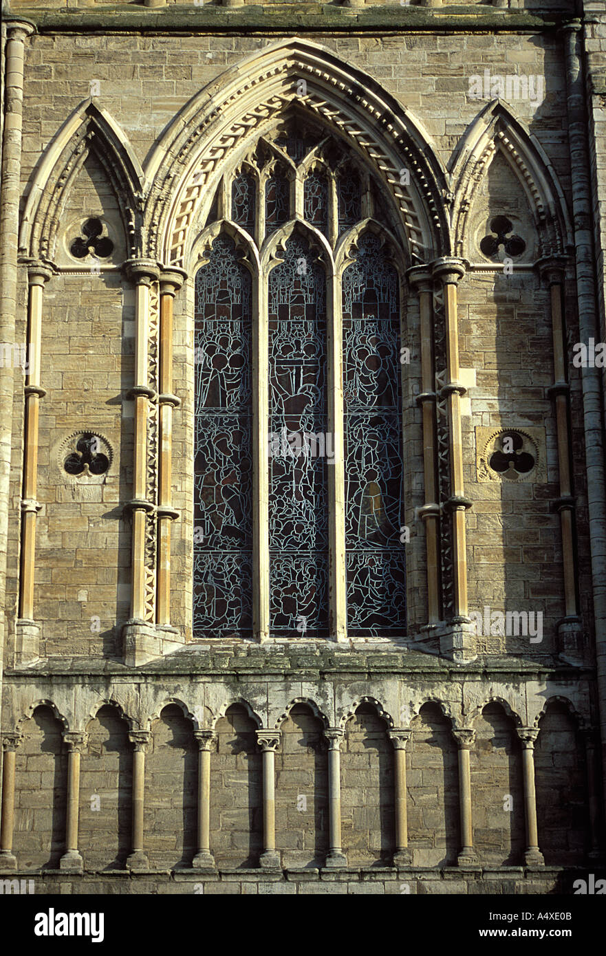 Perpendicular tracery in this window to the west front at Selby Abbey Yorkshire UK Stock Photo