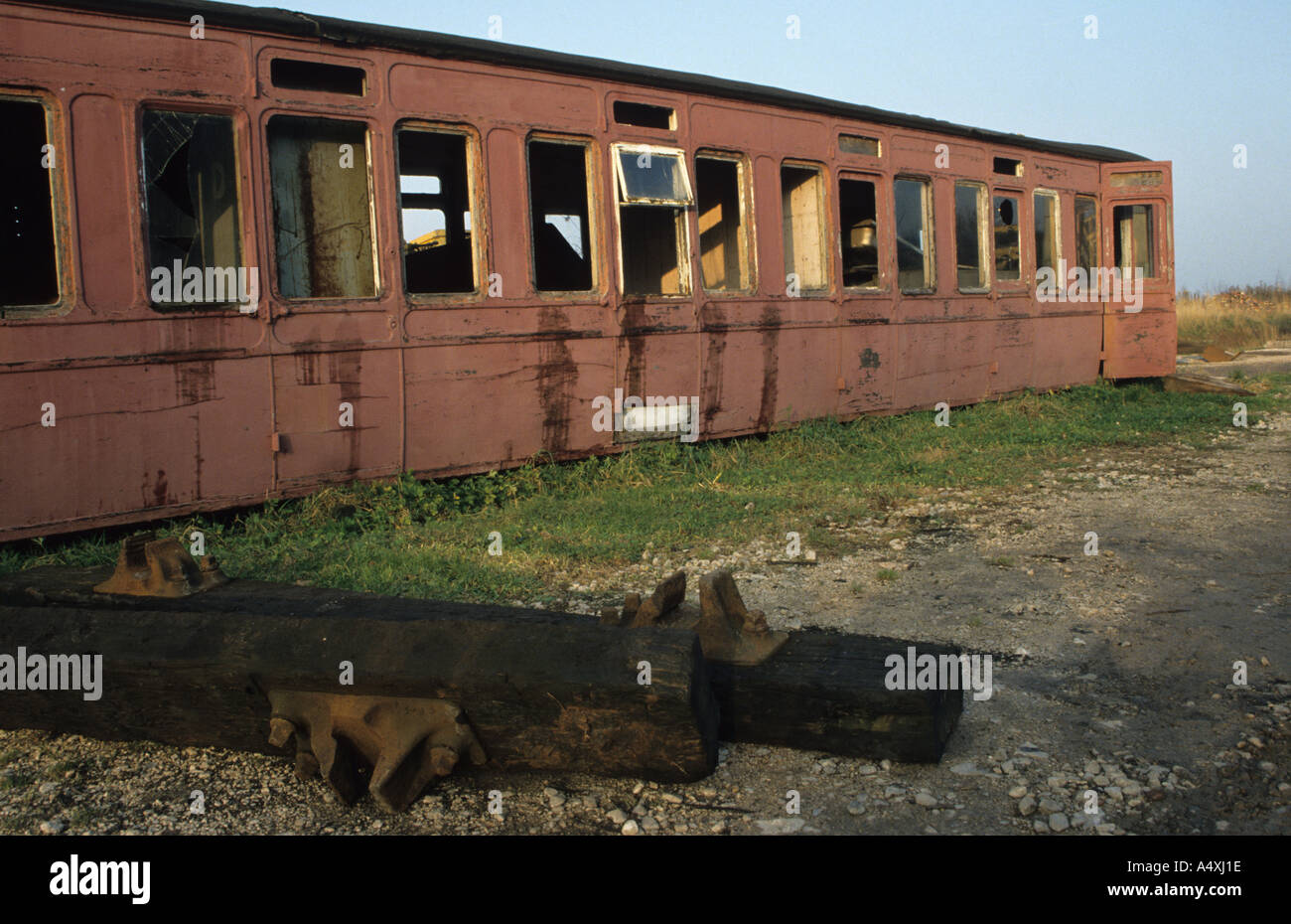 Disused Railway Carriage And Sleepers Stock Photo