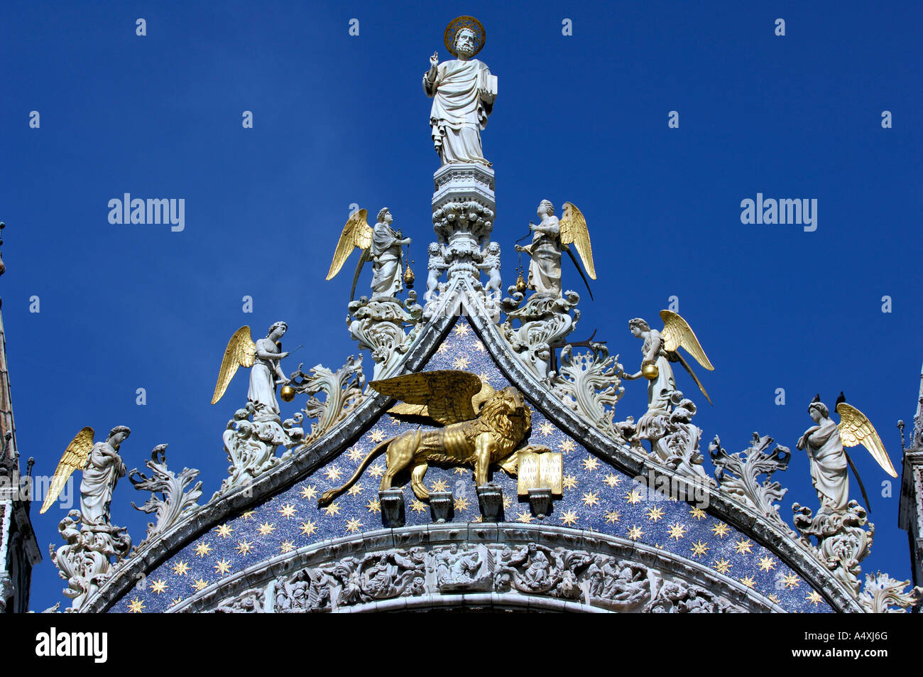 Upper part of the main portal of the Basilica di San Marco, Piazza San Marco, Venice, Veneto, Italy Stock Photo