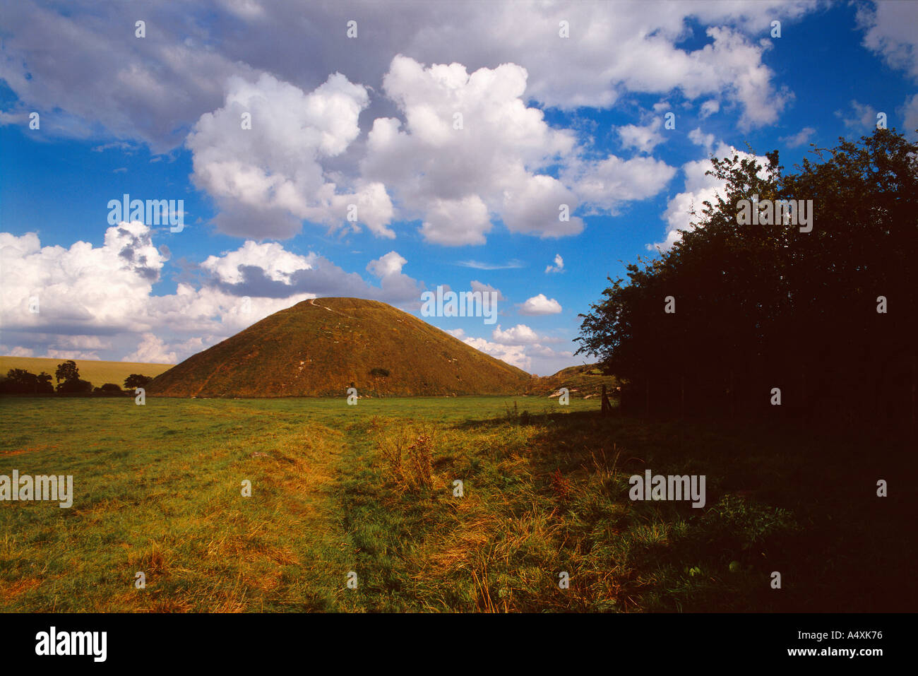 Pre historic man made mound hill or tumulous at Silbury Hill Wiltshire England Stock Photo