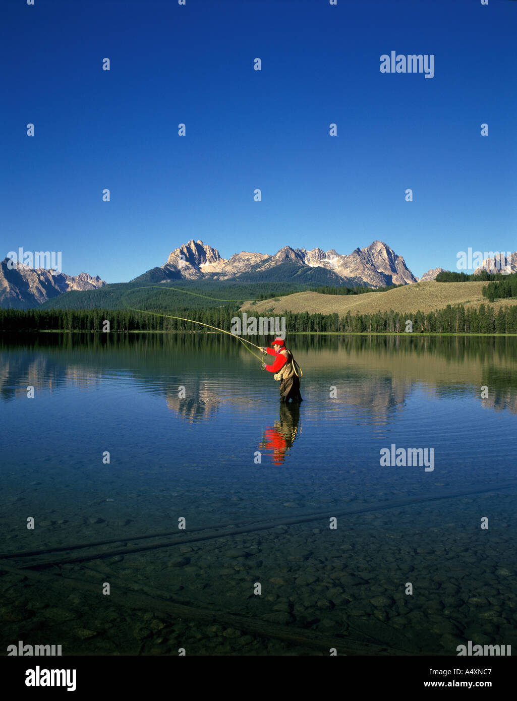 Fly fishing on Little Redfish Lake Sawtooth Mountains Sawtooth National Recreation Area Idaho