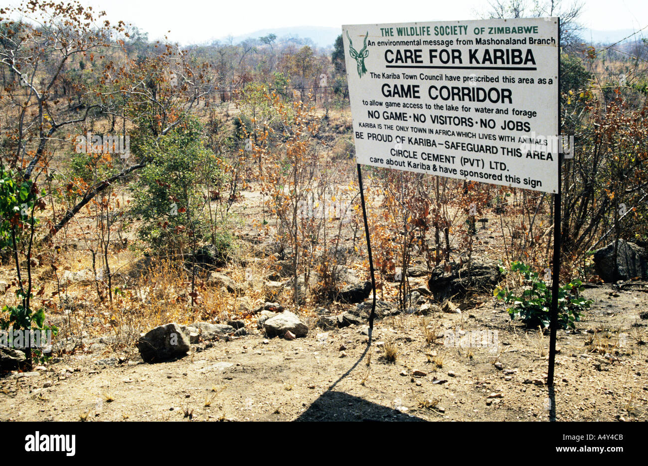 Information sign for game corridor giving animals access to Kariba dam area  for water and linking game to jobs Zimbabwe Stock Photo - Alamy