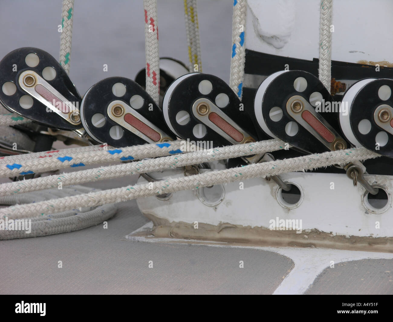 Rope pulleys on a yacht Stock Photo Alamy