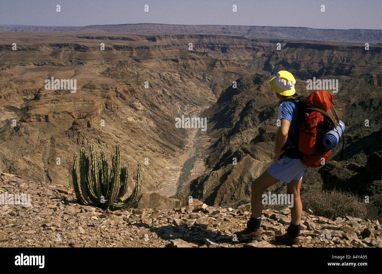 A hiker looks down into Fish River Canyon in southern Namibia south west Africa Stock Photo