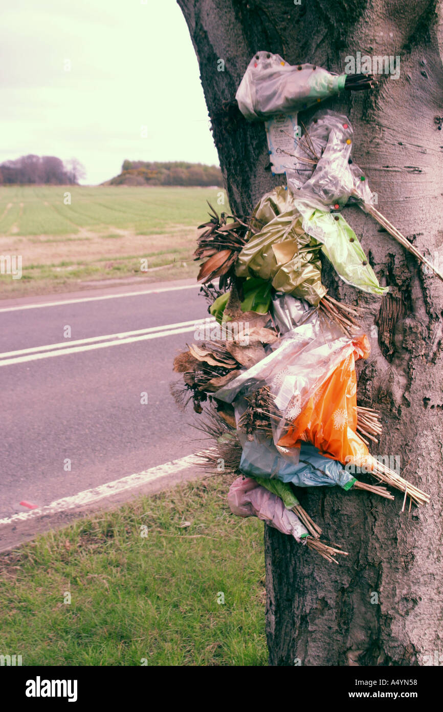 Dying flower tributes ties to a tree at the side of a road A985 fife Scotland uk 2005  Stock Photo
