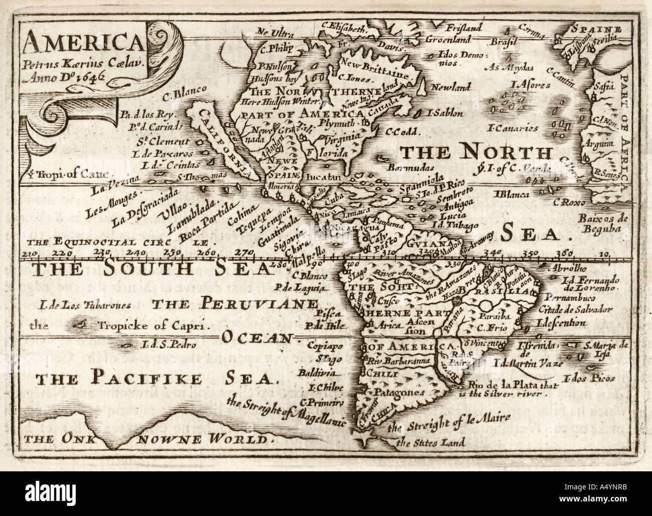 Antique map of America by Petrus Kaerius 1646 from John Speed Prospect of the most Famous Parts of the World 1675 JMH0973 Stock Photo