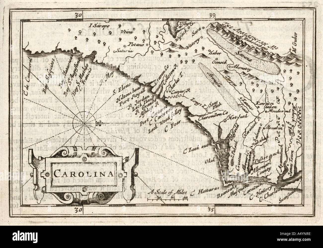 Antique map of Carolina by Petrus Kaerius 1646 from John Speed Prospect of the most Famous Parts of the World 1675 JMH0975 Stock Photo
