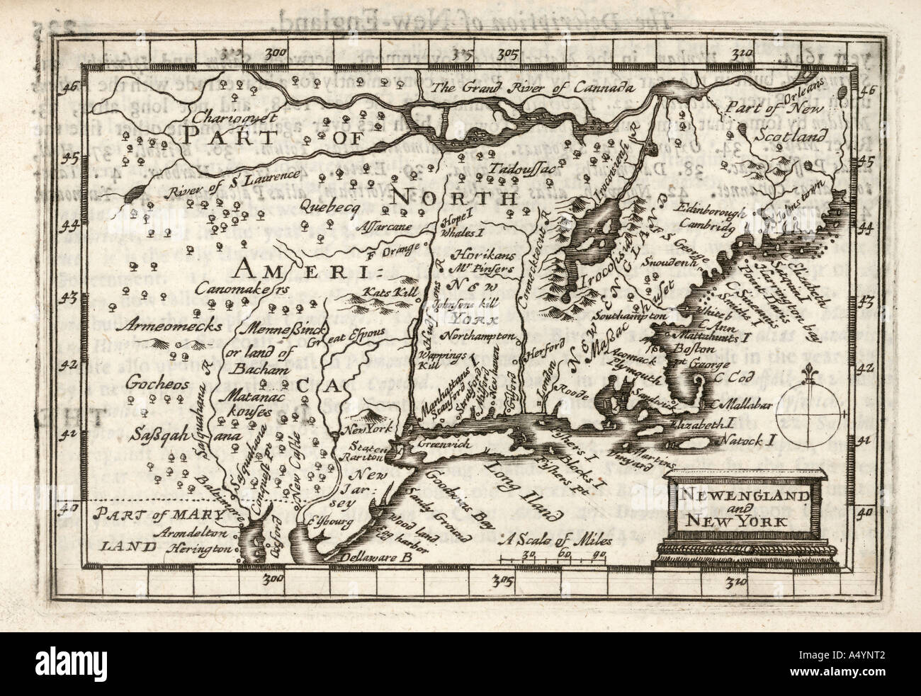 Antique map New England and New York by Petrus Kaerius 1646 from John Speed Prospect most Famous Parts of World 1675 JMH0977 Stock Photo