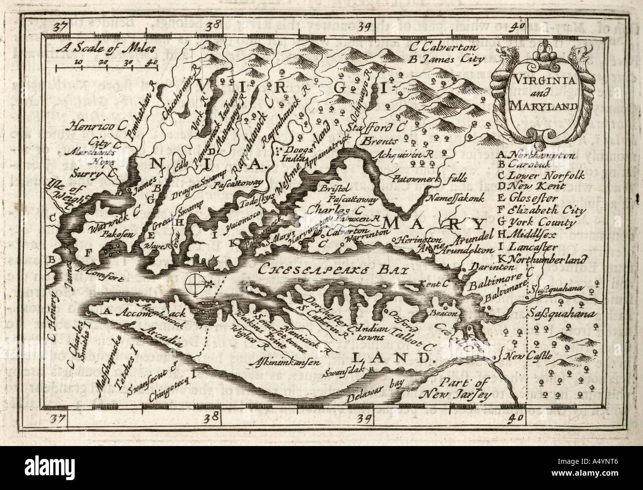Antique map Virginia and Maryland by Petrus Kaerius 1646 from John Speed Prospect most Famous Parts of World 1675 JMH0979 Stock Photo
