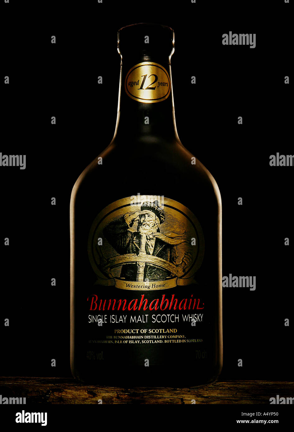 Bunnahabhain whisky whiskey bottle pack shot with black background soft side lighting Scotland 2005 Stock Photo
