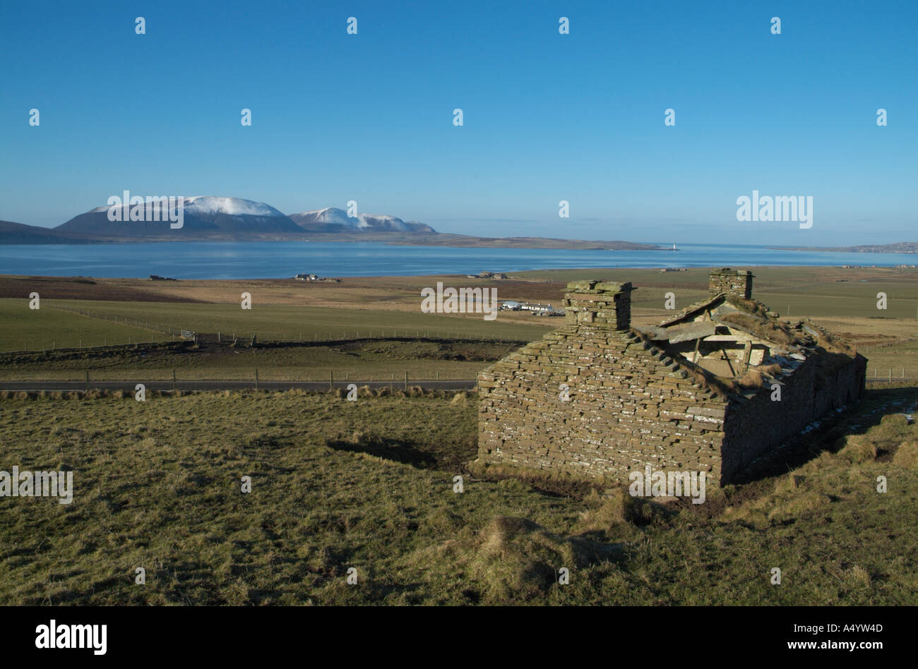 dh  ORPHIR ORKNEY Derelict ruined croft cottage overlooking west entrance to Scapa Flow ruin derilict collapsed building Stock Photo