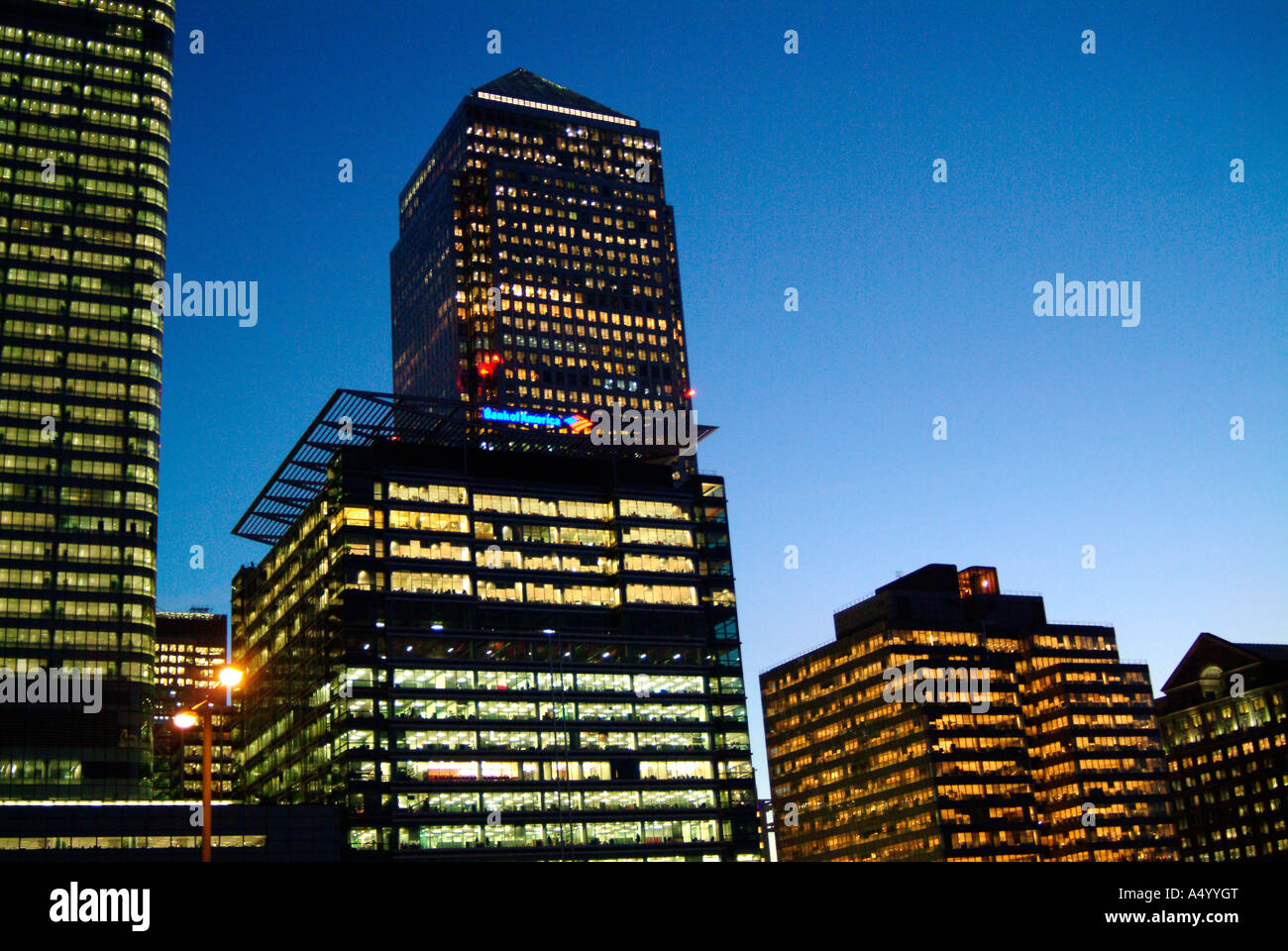 Canary Wharf buildings at dusk in Docklands London 10 November 2006 ...