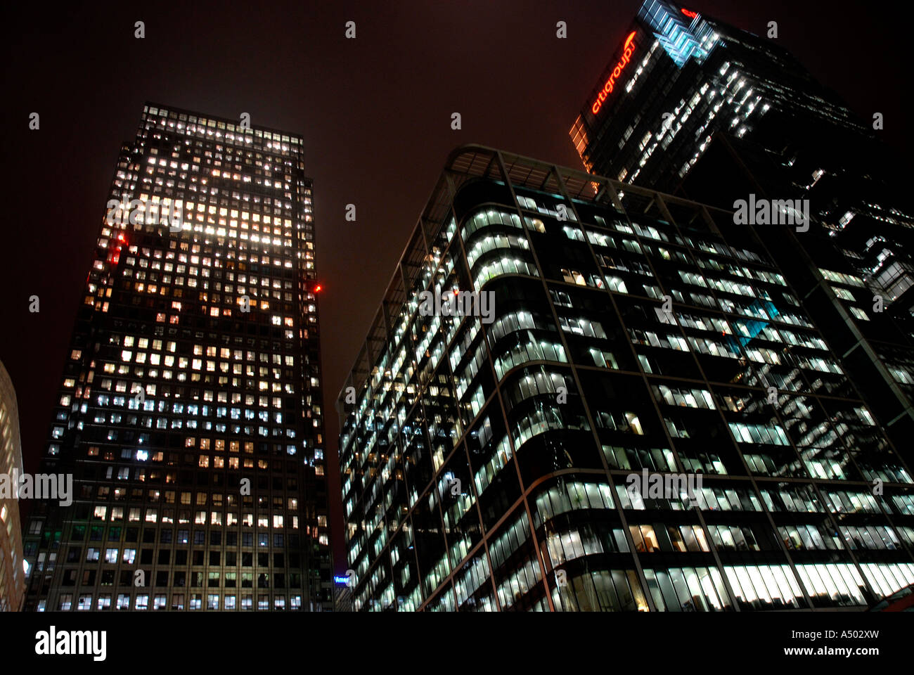 Canary Wharf buildings at night in Docklands London Stock Photo - Alamy