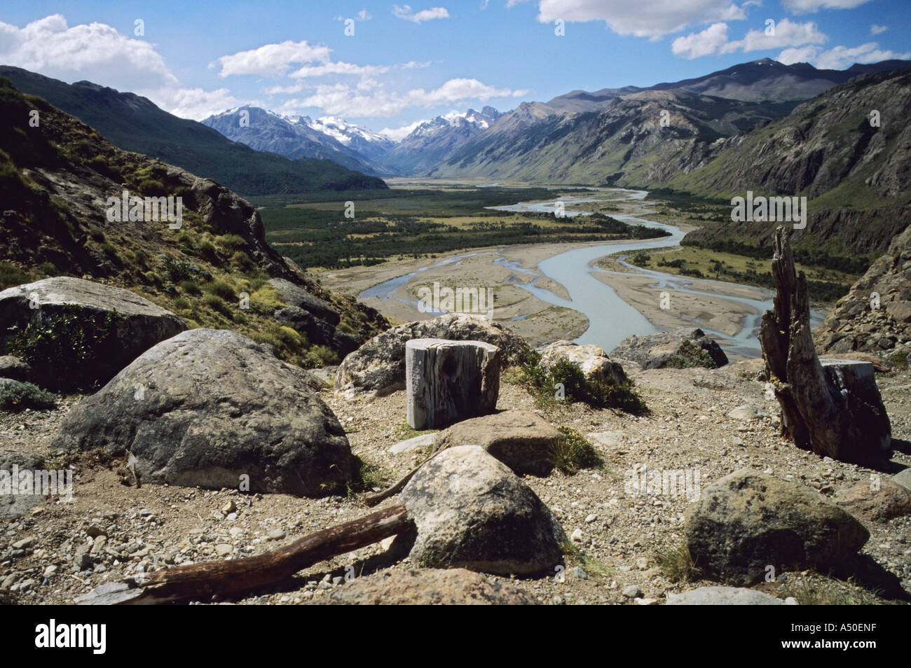 High view of river mountains and valley near El Chalten in Argentinien Patagonia Stock Photo