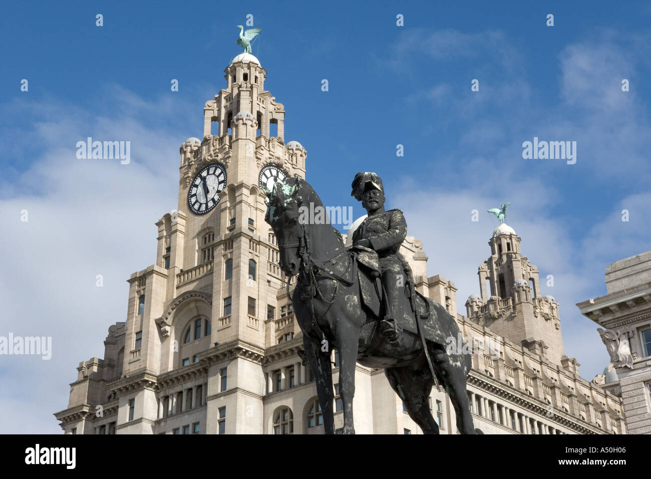 Statue of King Edward VII and Liver Building Liverpool England Stock Photo