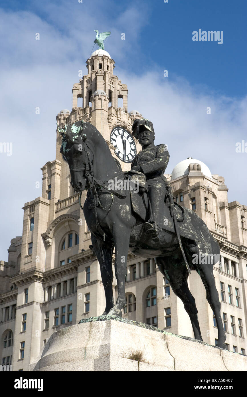 Statue of King Edward VII and Liver Building Liverpool England Stock Photo