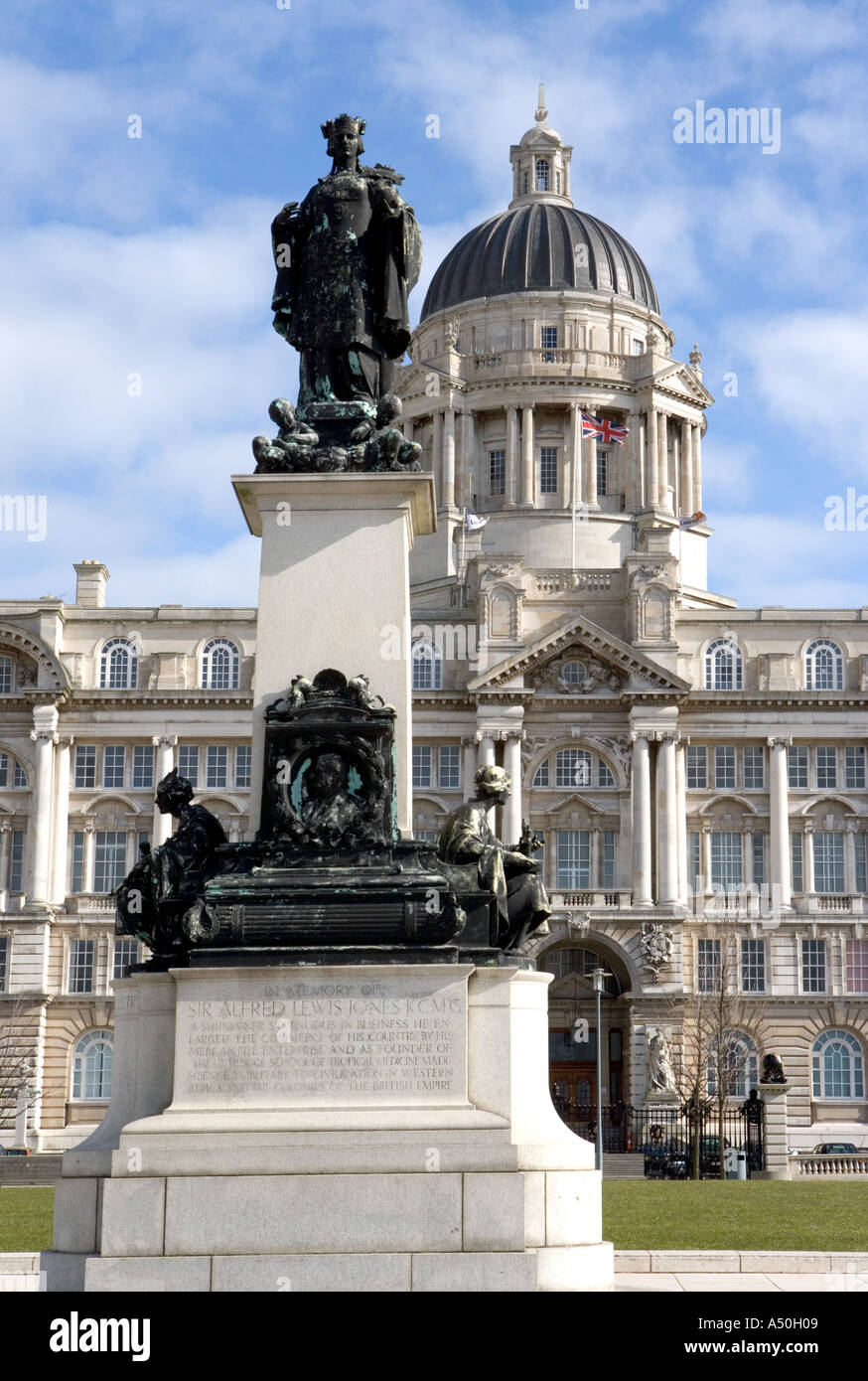 Sir Alfred Lewis Jones Statue and Port of liverpool Building Liverpool