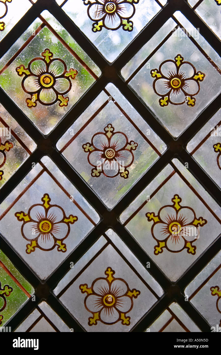 Stained glass window at cloister of Gloucester Cathedral