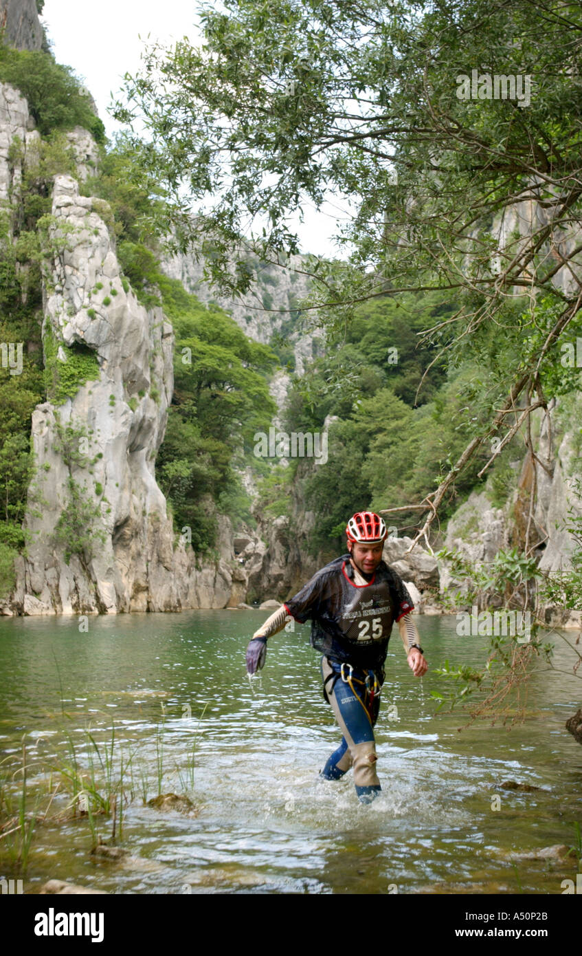 Adventure race athlete canyoneering Stock Photo Alamy